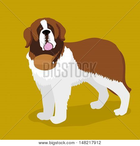 Rescue dog with a keg on his neck. Saint Bernard dog. Cartoon colorful vector illustration