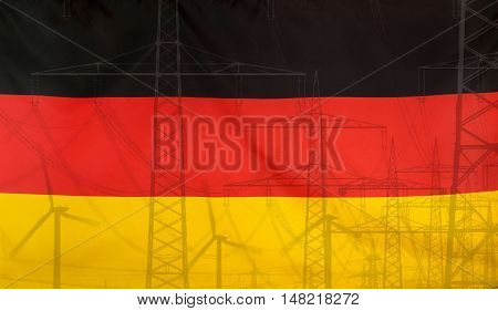 Concept Energy Distribution Flag of Germany merged with high voltage power poles