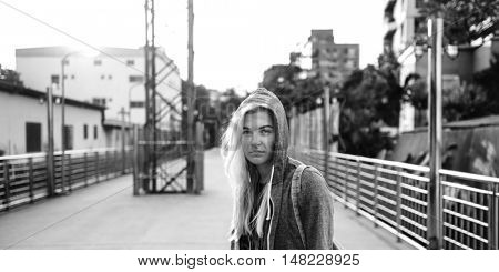Young Woman Standing Outdoors Bridge Concept