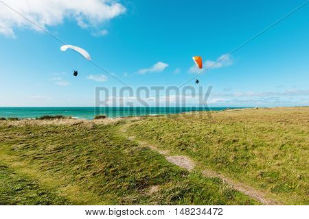 Paragliding on the deserted lawn, unspoiled nature