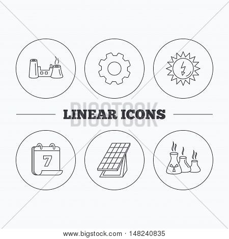 Solar collector energy, factory and industries icons. Solar energy linear signs. Flat cogwheel and calendar symbols. Linear icons in circle buttons. Vector