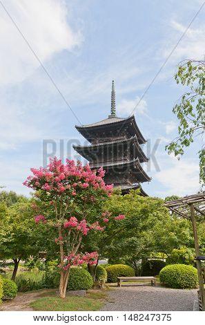 KYOTO JAPAN - JULY 23 2016: Five-story pagoda (Gojunoto circa 1644) of Toji Temple in Kyoto. The tallest wooden tower in Japan (54.8 m) symbol of Kyoto National Treasure and UNESCO site