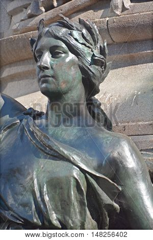 MONTREAL CANADA 09 17 2016: Details of The Edward VII Monument is a statue of King Edward VII by artist Louis-Philippe Hebert and located at Phillips Square in Montreal, Quebec, Canada.