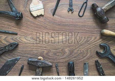 Vintage Tools On Wooden Background. Fathers Day Card.