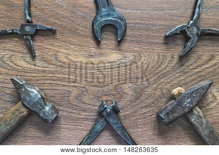 Vintage Tools On Wooden Background. Fathers Day Card.