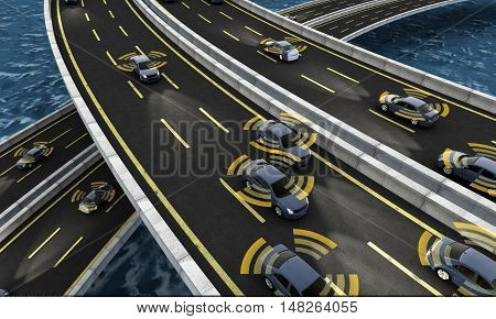 Autonomous cars on a road with visible connection