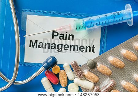 Pain Managment Concept. A Lot Of Analgetic Pills And Drugs Aroun