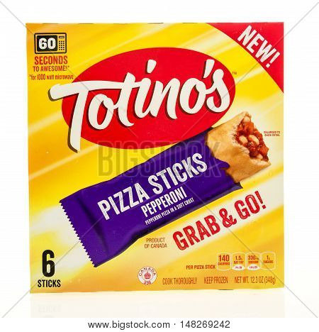 Winneconne WI - 12 August 2016: Box of Totino's pizza sticks in pepperoni flavor on an isolated background.