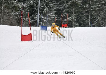 unge skiløber løb hurtig downhil på Vinter sne scene
