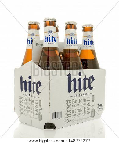 Winneconne WI - 30 August 2016: Six pack of Hite beer from South Korea on an isolated background.