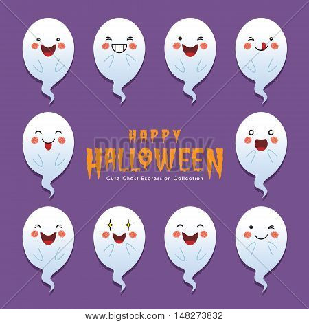 Set of collection of cute ghost with different face expression. Cartoon halloween ghosts vector icon set.