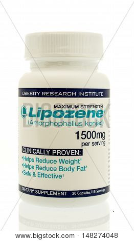 Winneconne WI - 3 September 2016: Bottle of Lipozene weight loss dietary supplement on an isolated background.