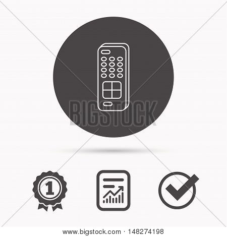 Remote control icon. TV switching channels sign. Report document, winner award and tick. Round circle button with icon. Vector