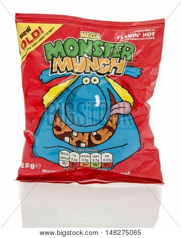 Winneconne WI - 23 July 2016: Bag of Mega Monster Munch pickled flamin' hot chips on an isolated background.