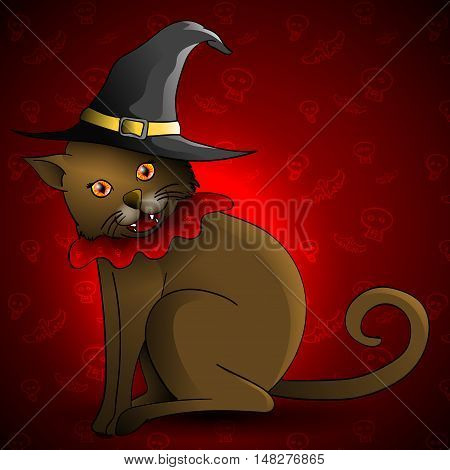 Cute brown cat wearing a witch's hat. Halloween vector illustration.
