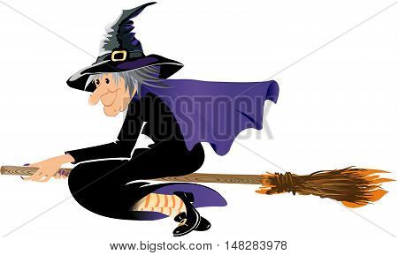 Halloween witch flying on a broom, isolated