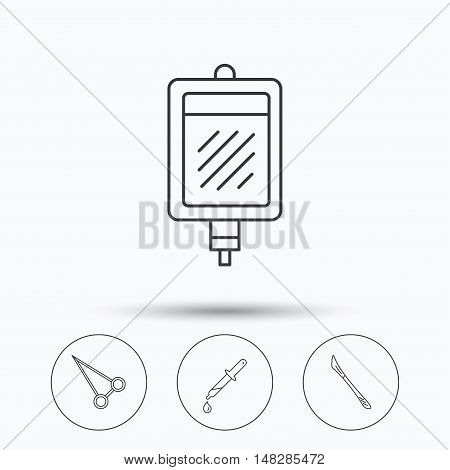 Pipette, blood donation and scalpel icons. Peans forceps linear sign. Linear icons in circle buttons. Flat web symbols. Vector