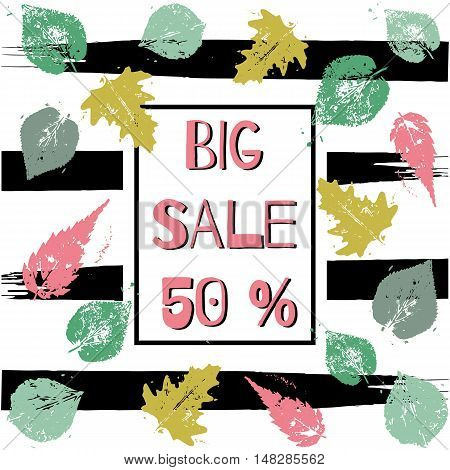 Stylish Big Sale poster banner or flyer design with discount offer. autumn leaves and stripes