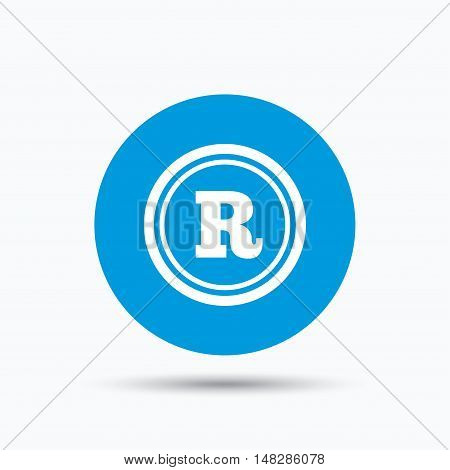 Registered trademark icon. Intellectual work protection symbol. Blue circle button with flat web icon. Vector