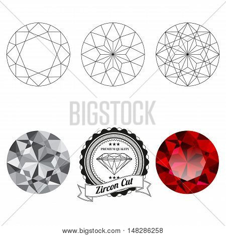 Set of zircon cut jewel views isolated on white background - top view bottom view realistic ruby realistic diamond and badge. Can be used as part of logo icon web decor or other design.
