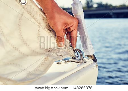 Staysail's carbine hooks on yacht before VIRA sails