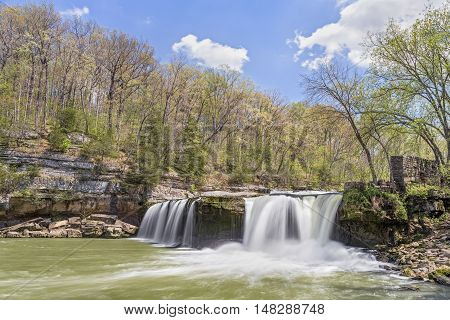 Spring comes to Upper Cataract Falls a waterfall in Owen County Indiana.