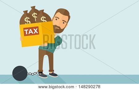 A Caucasian businessman locked in a debt ball in chain for commiting crime in tax ivasion. Debt concept. A Contemporary style with pastel palette, soft blue tinted background. flat design illustration