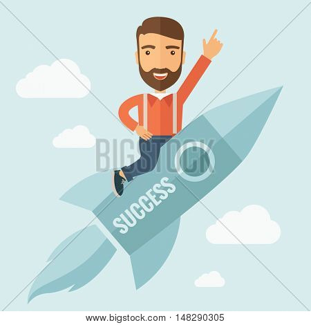 The man with a beard flying on the rocket raising his hand in the air. Success concept.  flat design Illustration.