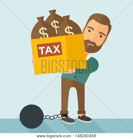A Caucasian businessman locked in a debt ball in chain for commiting crime in tax ivasion. Debt concept. A Contemporary style with pastel palette, soft blue tinted background. flat design illustration