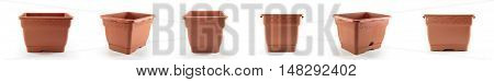 Empty flowerpot. Shot from various angles on a white background isolated brown.