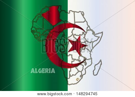 Algeria outline inset into a map of Africa over a Algeria flag background