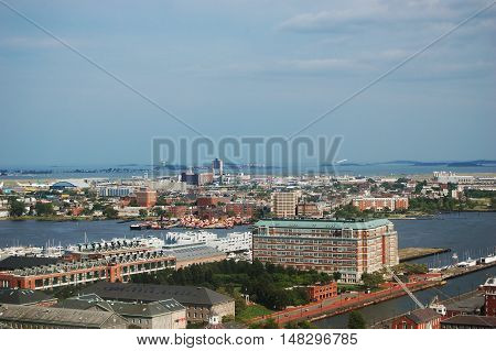Boston Logan International Airport Aerial View from Charlestown, Boston, Massachusetts, USA.
