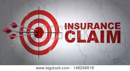 Success Insurance concept: arrows hitting the center of target, Red Insurance Claim on wall background, 3D rendering