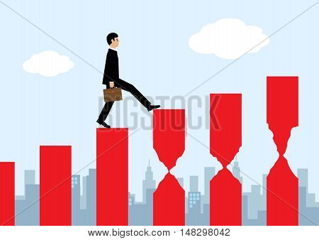 A businessman walking on a rising bar chart and about to walk on a series of eroded bars. A metaphor on financial risk that comes with a rising market.