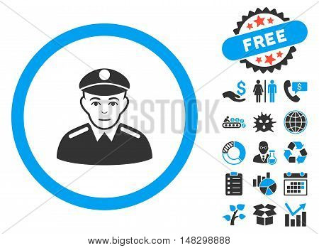 Soldier icon with free bonus pictograph collection. Glyph illustration style is flat iconic bicolor symbols, blue and gray colors, white background.