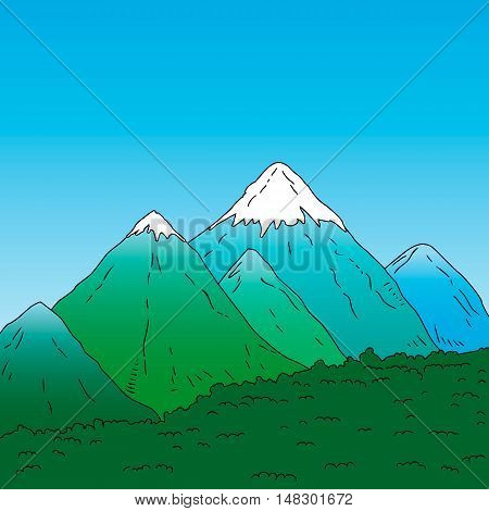 Mountain landscape. Green mountains with snowy peaks. Outline illustration. Vector illustration.