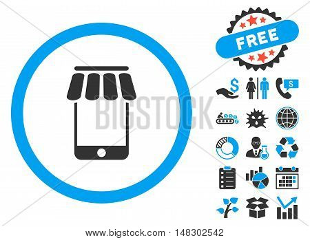Webstore pictograph with free bonus symbols. Glyph illustration style is flat iconic bicolor symbols, blue and gray colors, white background.