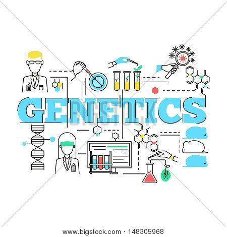 Biotechnology linear design with blue title specialists and scientific eguipment bacteria and animals vector illustration
