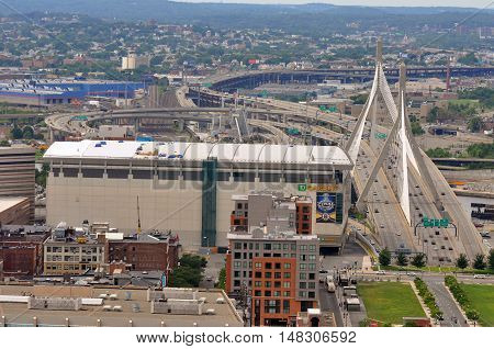 BOSTON - AUG 13, 2011: Aerial view of Zakim Bunker Hill Bridge and TD Banknorth Garden in Boston, Massachusetts, USA.