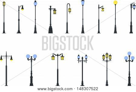 Detailed illustration colored street lamps isolated in flat style on white background.