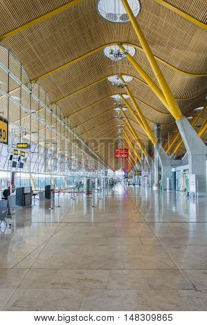 Madrid Spain: 16th June 2016: The Madrid-Barajas Airport is Spain's largest and busiest airport characterised by a floating roof propped by an internal coloured structure.