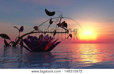 3d illustration water lily floating in the water and sunset