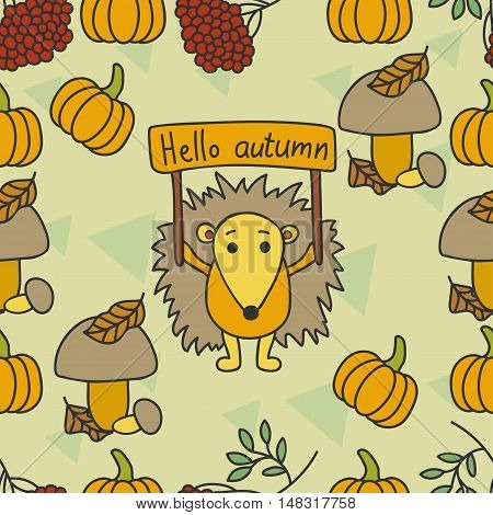Autumn pattern with hedgehog, leaves, pumpkin, kalina, mushrooms.