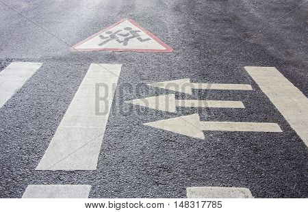 pedestrian crossing and School warning road signpainted on roadway