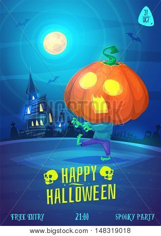 Halloween illustration pumpkin zombie goes through the cemetery. Vector set of happy halloween vintage stock illustration.