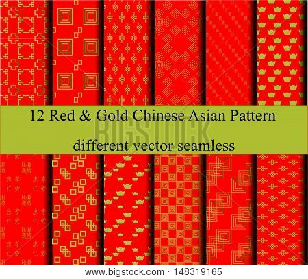 12 Red and Gold chinese Asian different vector seamless patterns. Endless texture can use for pattern fills web page background surface textures