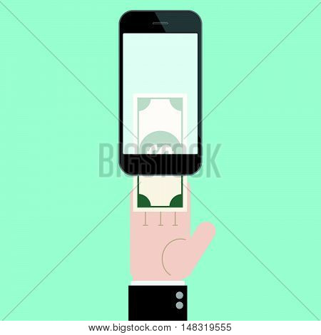 Insert money to transfer with hand and smart phone. online shopping. mobile banking. Flat design business financial online marketing banking commerce vector concept cartoon illustration.