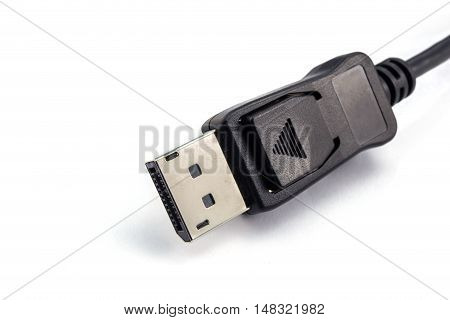 closeup of display port cable on a white background