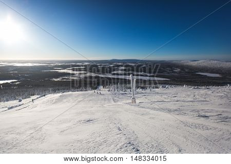 Beautiful Cold Mountain View Of Ski Resort, Sunny Winter Day With Slope, Piste And Ski Lift