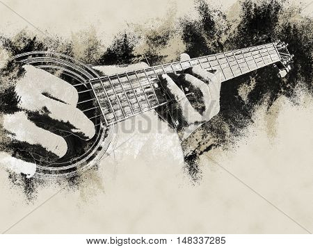 Closeup photo of an acoustic guitar played by a man. Only hands visible. Vintage painting, background illustration, beautiful picture, musical texture